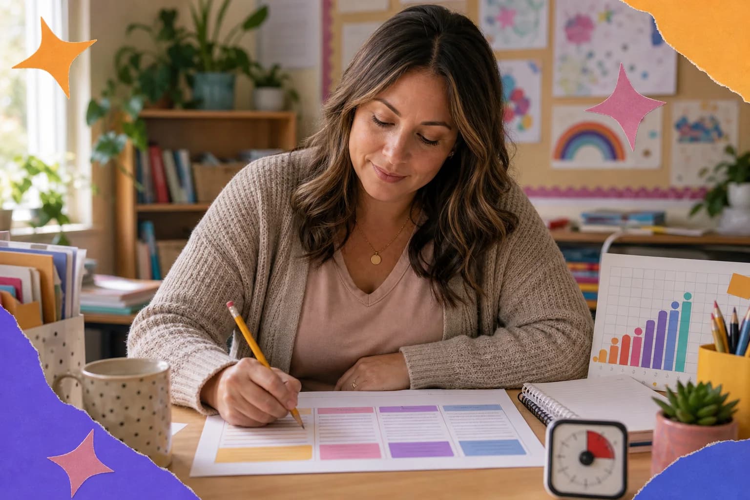 Special education teacher revising an IEP goal beside a progress chart and color-coded planning sheet