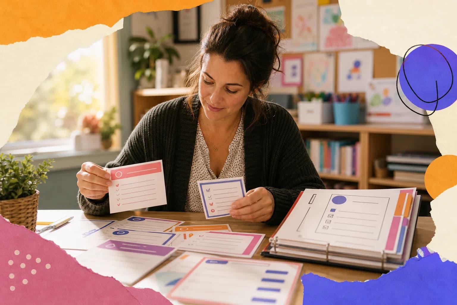 Teacher comparing colorful goal template cards with a tabbed goal bank binder