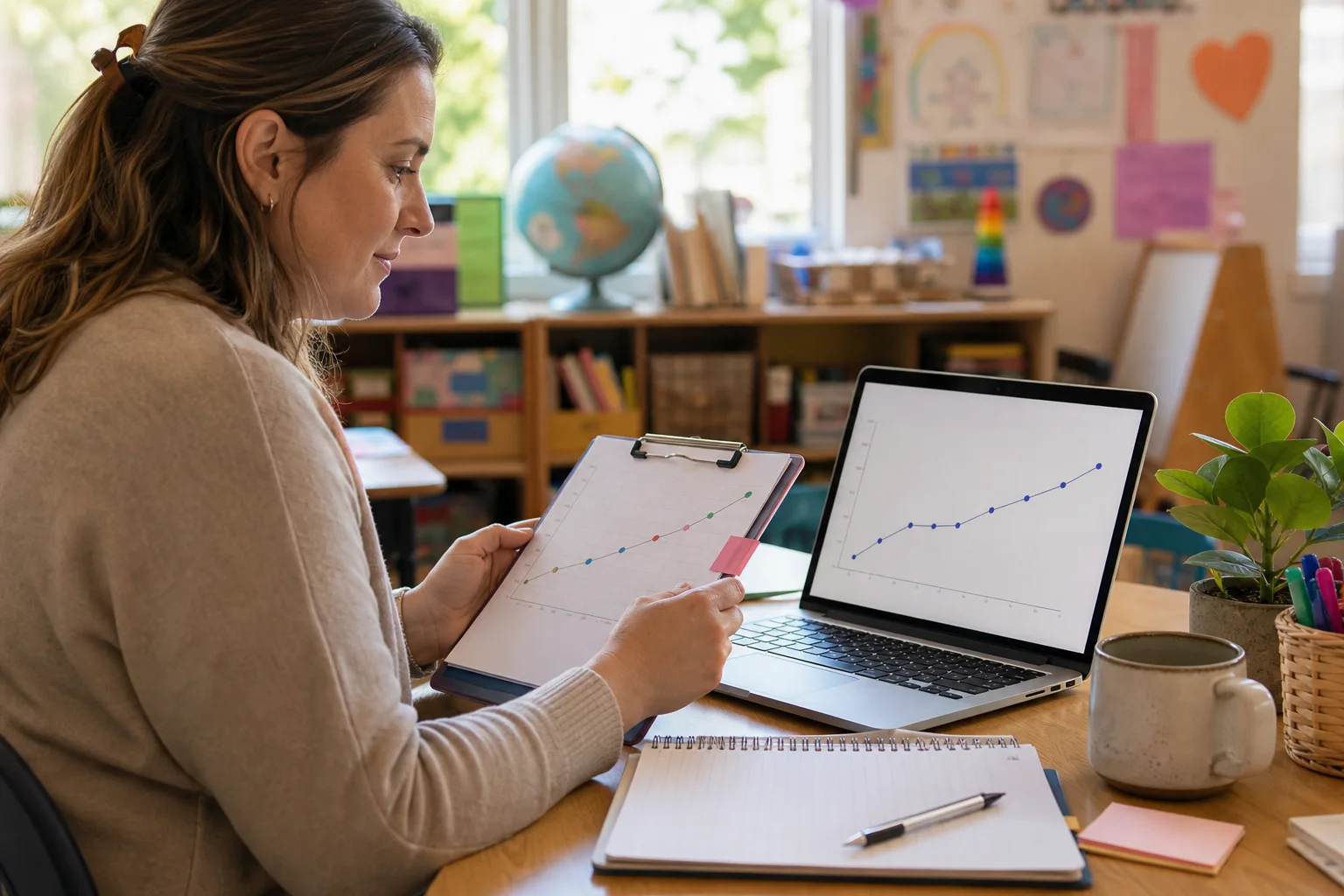 Special education teacher reviewing progress charts on a laptop and clipboard