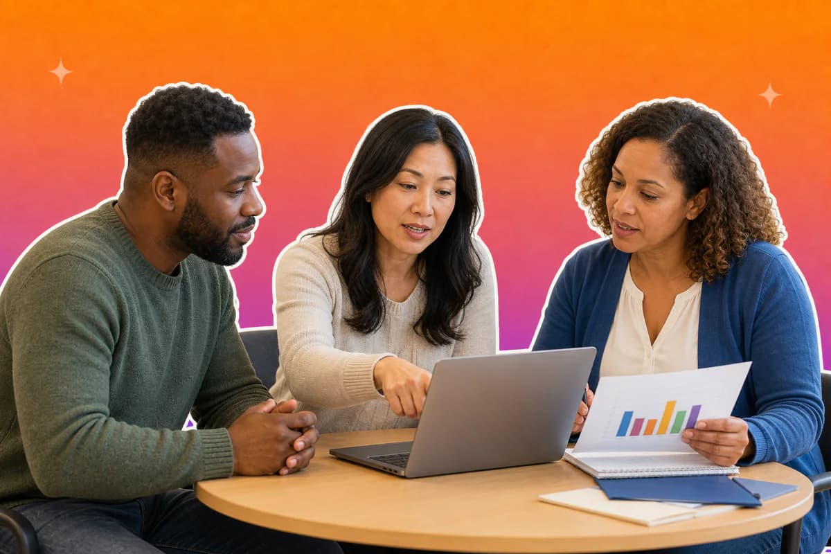 A case manager, family member, and educator reviewing progress data together