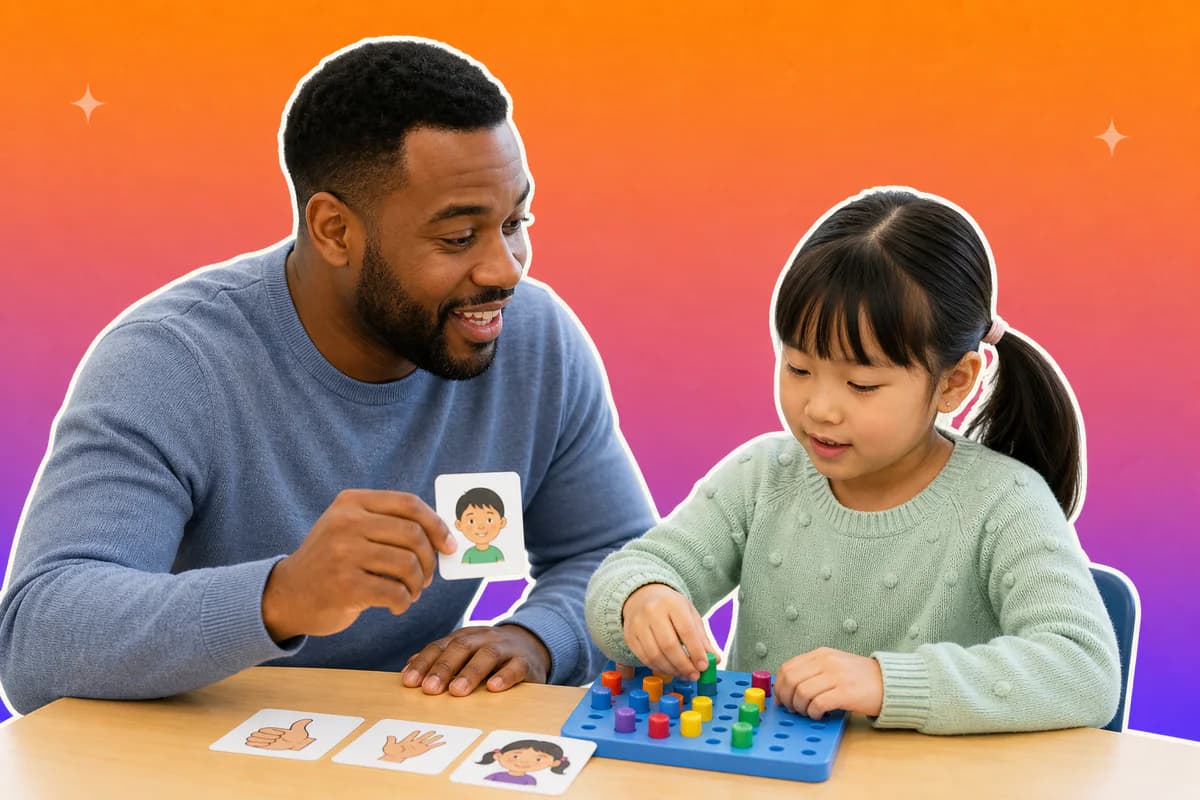 A speech-language pathologist using picture cards and a fine-motor activity with a student