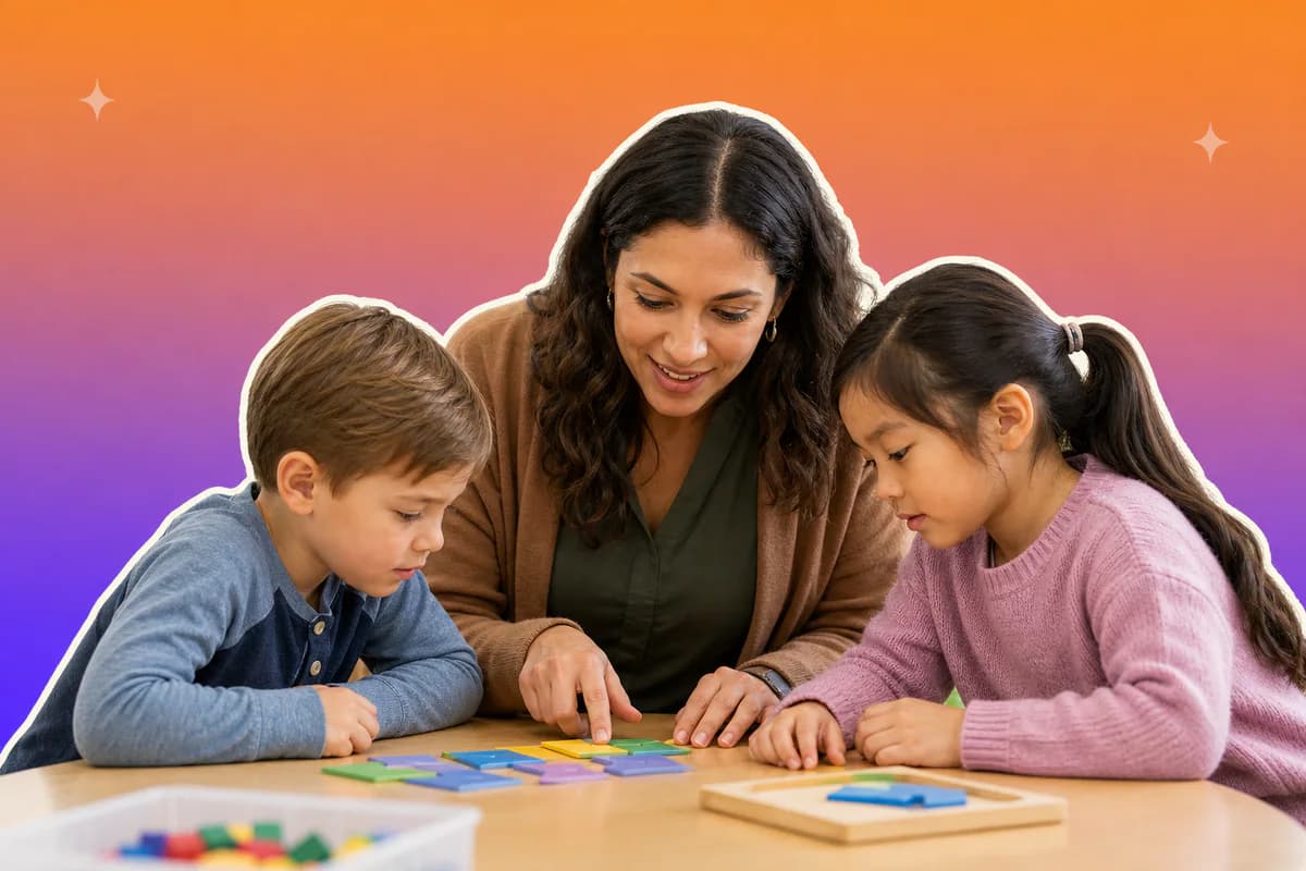 A special education teacher guiding two students through a hands-on learning activity